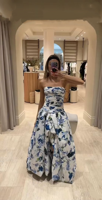 Pretty Strapless Blue Satin Print Floral Pleated Long Party Dress Prom Dress SP4018