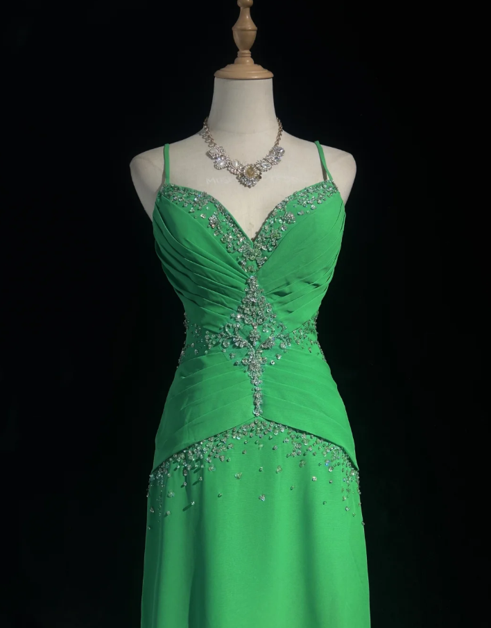 Stylish Green Satin Pleated Beaded Mermaid Long wedding Guest Dress Formal Evening Dress SP1387