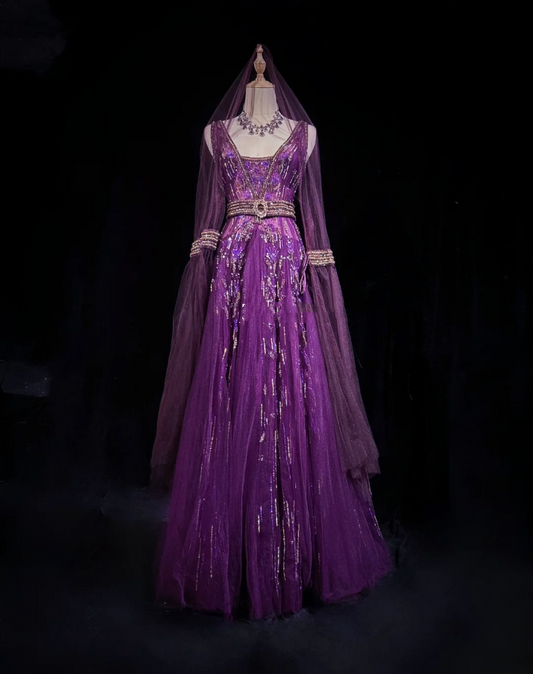 Gorgeous Purple V Neck Tulle Beaded A Line Long Evening Dress Birthday Party Gown SP1798