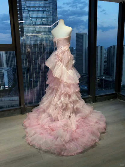 Pretty Sweetheart Neck Pink Tulle Ruffles Sequin Floral Mermaid Long Party Dress Birthday Dress SP2538
