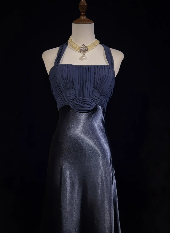 Classy Halter Navy Blue Satin Mermaid Long Wedding Guest Dress Party Dress Prom Gown SP1280