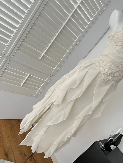 Simple White Spaghetti Straps Chiffon Appliques Party Dress Birthday Outfits Y8916