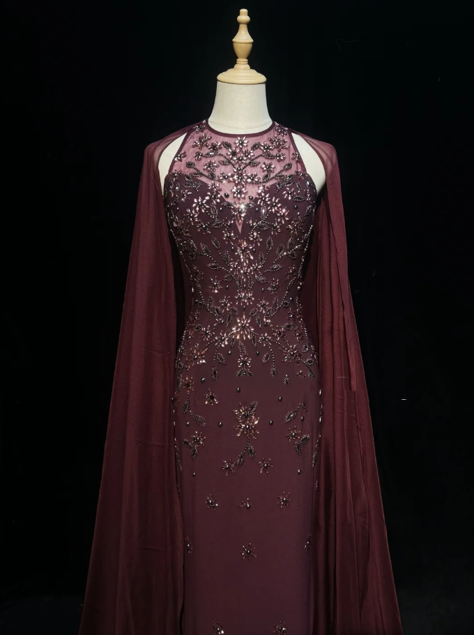 Gorgeous Burgundy Sleeveless Chiffon Beaded Mermaid Long Evening Dress Backless Birthday Dress SP1786