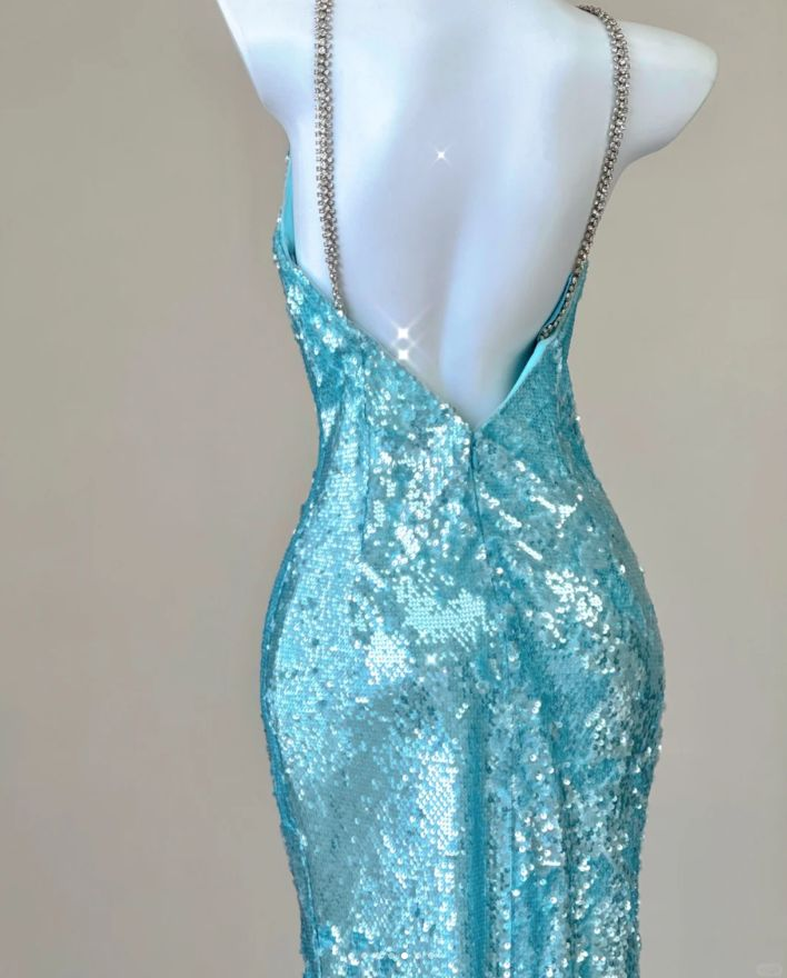 Sparkly Spaghetti Straps Blue Sequin Mermaid Evening Dress Long Prom Dresses SP710
