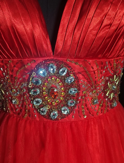 Charming Red Satin Tulle Pleated A Line Long Prom Dress Evening Dress With Beaded SP439