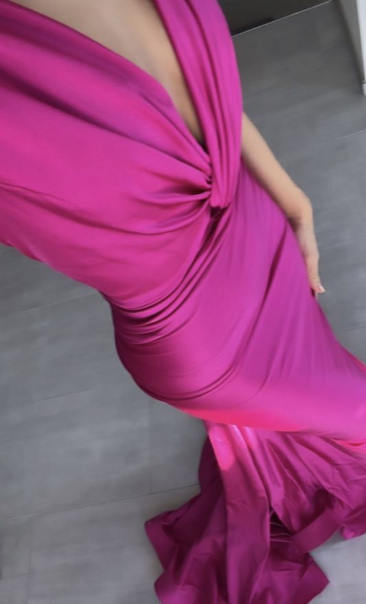 Stylish Hot Pink V Neck Satin Pleated Mermaid Evening Dress Backless Long Birthday Prom Dress SP985