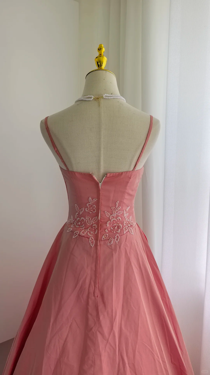 Glamorous Spaghetti Straps Pink Satin Beaded Long Party Dress Formal Wedding Guest Dress SP2325