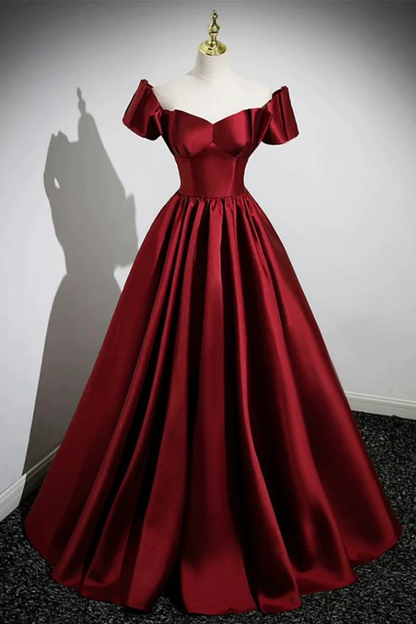 A Line Burgundy Satin Floor Length Prom Dress, Off the Shoulder New Pr Simplepromdress A Line Burgundy Satin Floor Length Prom Dress, Off the Shoulder New Pr Simplepromdress