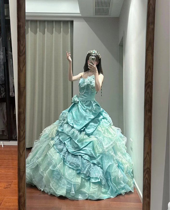 Chic Strapless Tulle Satin Beaded Ruffles Long Ball Gown Green Sweet Princess Quinceanera Dress SP1190