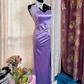 Classy Spaghetti Straps Purple Satin Appliques Mermaid Slit Party Dress Long Wedding Guest Dress SP1943