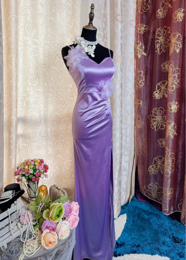 Classy Spaghetti Straps Purple Satin Appliques Mermaid Slit Party Dress Long Wedding Guest Dress SP1943