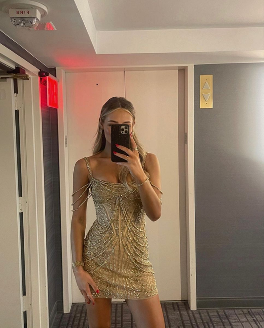 Gorgeous Gold Spaghetti Straps Sequin Beaded Sheath Cocktail Dress Formal Homecoming Dress Y9490