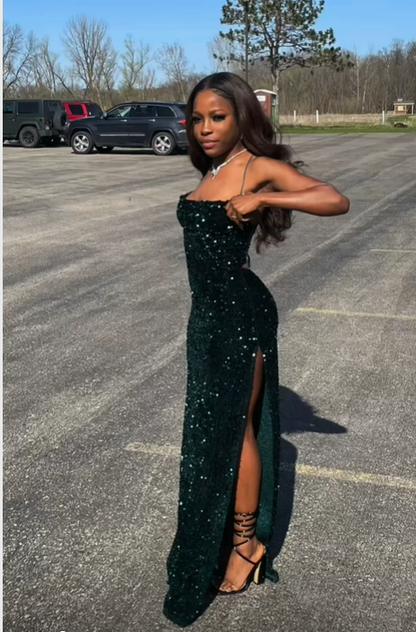 Women's Glitter Green Sequins Long Prom Dress With High Slit Y4945 Simplepromdress Women's Glitter Green Sequins Long Prom Dress With High Slit Y4945 Simplepromdress