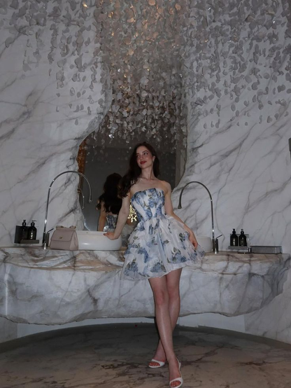 Pretty Strapless Organza Printed Floral Ruffle A Line Short Birthday Dress Homecoming Dress SP2304