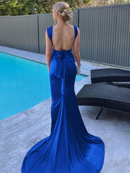 Fashion Burgundy Backless Mermaid Satin Pleated Long Party Dress, Formal Wedding Guest Dress With Train SP452