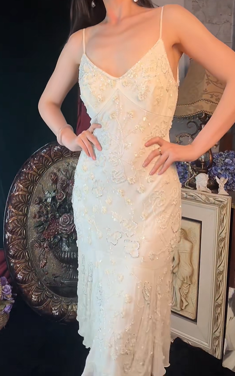 Gorgeous Spaghetti Straps White V Neck Chiffon Beaded Mermaid Birthday Outfits Long Party Dress SP1253