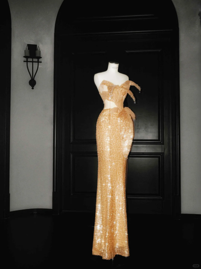 Sparkly Gold Sequin Strapless Mermaid Prom Dress Long Evening Dress Y8656