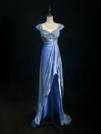 Unique Blue V Neck Satin Chiffon Beaded Mermaid Long Party Dress Birthday Prom Dresses SP1863