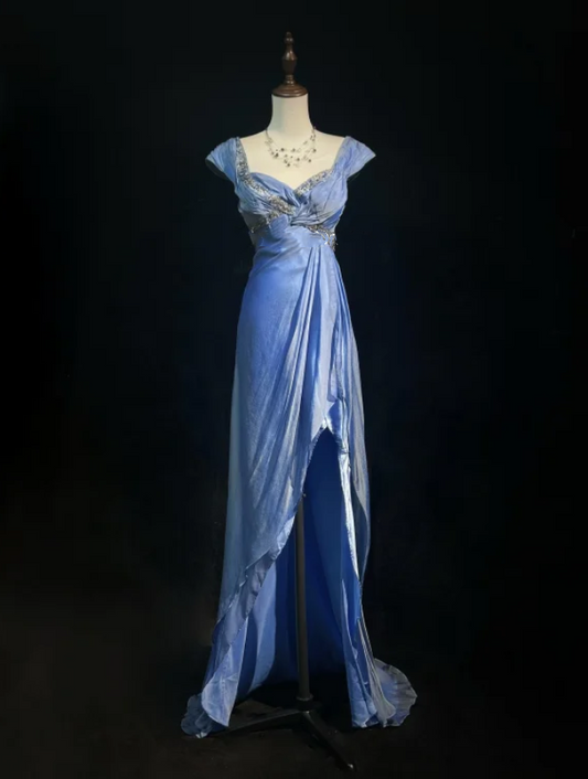 Unique Blue V Neck Satin Chiffon Beaded Mermaid Long Party Dress Birthday Prom Dresses SP1863