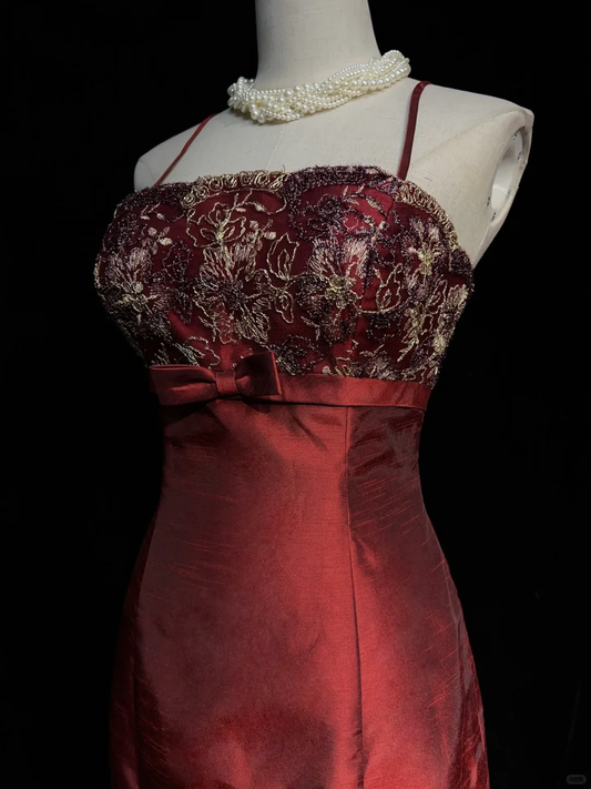Vintage Spaghetti Straps Satin Lace Short Prom Dress,Red A Line Short 7th Grade Homecoming Dress SP2897