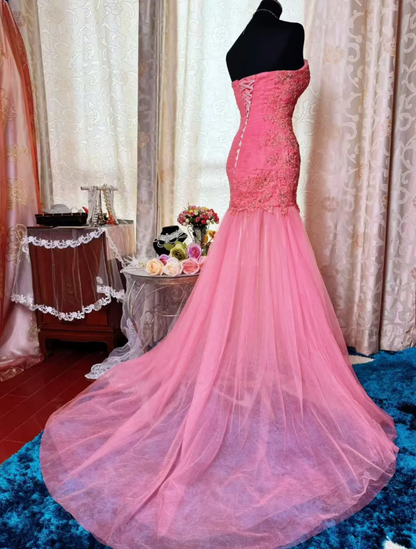 Pretty Pink Strapless Tulle Appliques Beaded Mermaid Long Party Dress Formal Wedding Guest Dress SP1954
