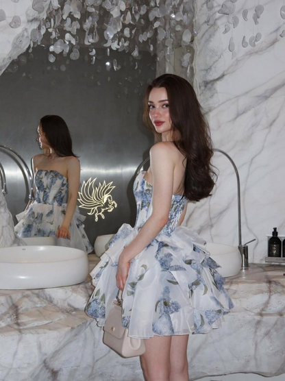 Pretty Strapless Organza Printed Floral Ruffle A Line Short Birthday Dress Homecoming Dress SP2304