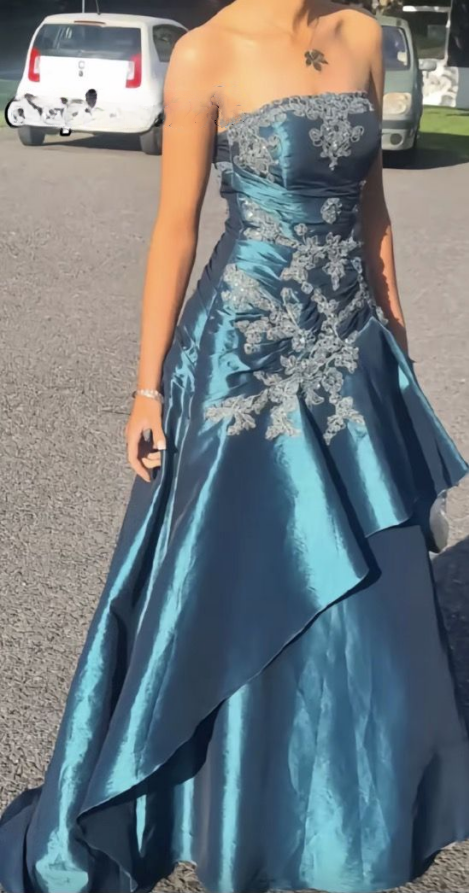 Retro Blue Strapless Satin Appliques Beaded Long Evening Dress Birthday Prom Gowns SP2118