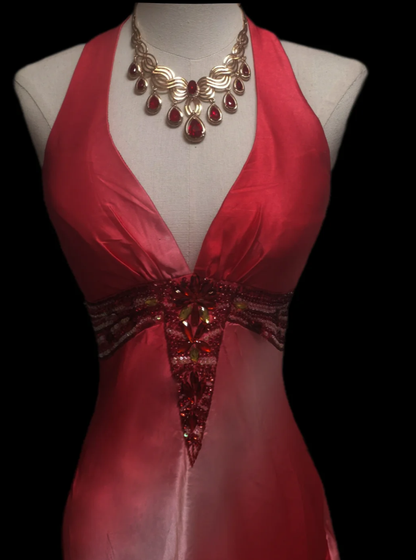 Pretty Ombre Pink V Neck Satin Beaded Sheath Long Prom Gown Formal Evening Dress SP649