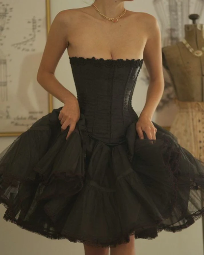 Sexy Strapless Black Tulle Lace A Line Homecoming Dress Short Party Dress Cocktail Dress Y8857