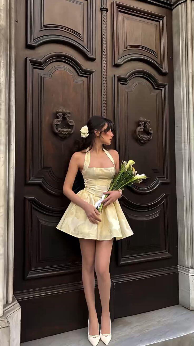 Pretty Yellow Satin Printed Floral Short 9th Grade Homecoming Dress Halter A Line Short Birthday Outfits SP2350