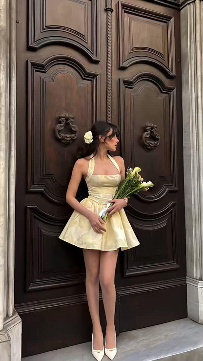 Pretty Yellow Satin Printed Floral Short 9th Grade Homecoming Dress Halter A Line Short Birthday Outfits SP2350