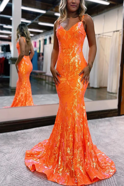 Orange Backless Prom Dress, Orange Mermaid Prom Gown Y2247