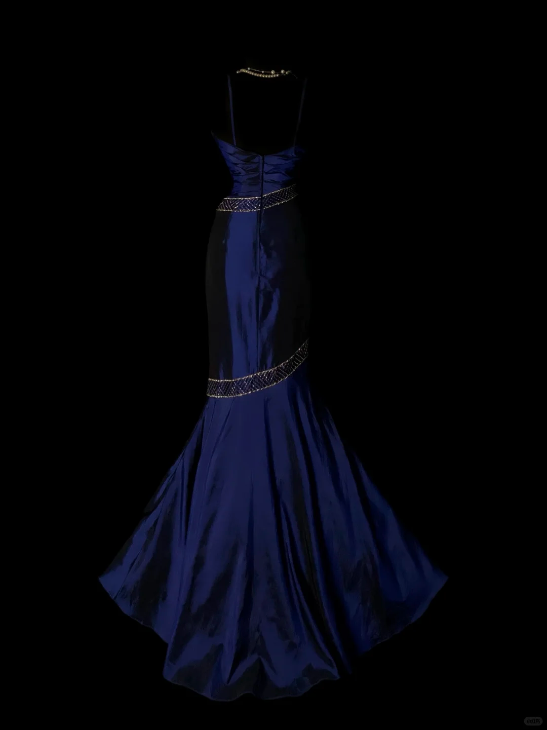 Gorgeous Spaghetti Straps Navy Blue Satin Beaded Mermaid Long Evening Dress Birthday Party Dress SP4075