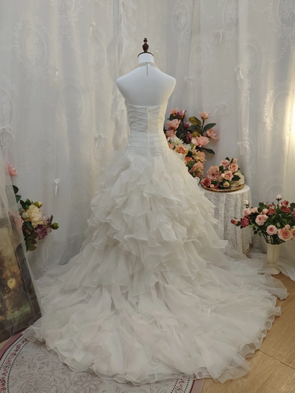 Pretty Strapless White Tulle Ruffles Long Wedding Dress Formal Bridal Dress SP2161