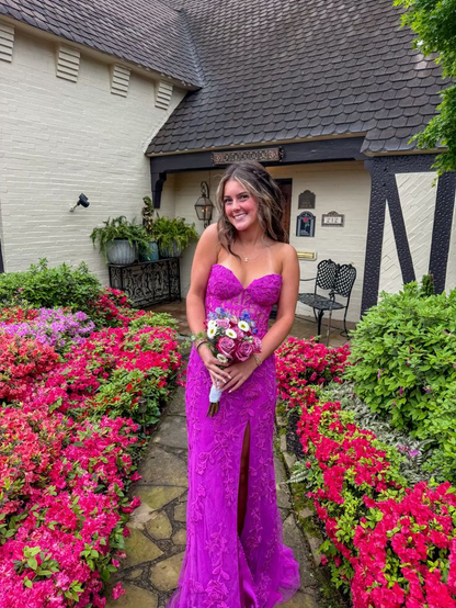 Glamorous Sweetheart Neck Tulle Appliques Mermaid Evening Dress Slit Prom Dress SP617