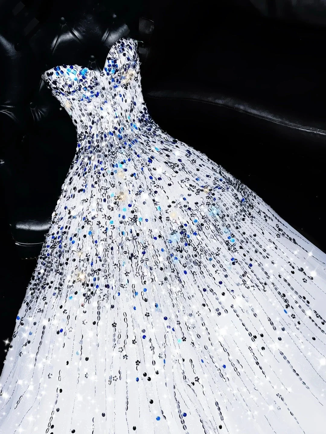 Glitter Strapless White Tulle Sequin Beaded Long Party Dress Evening Dress SP4114
