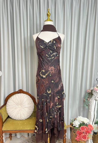 Vintage Halter Chocolate-Brown Chiffon Floral Prints Beaded Mermaid Party Dress Formal Prom Gown With Ribbon SP626