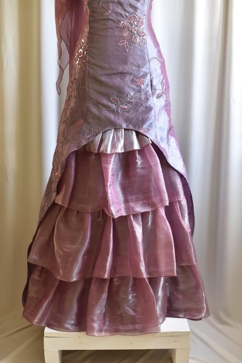 Retro Spaghetti Straps Purple Satin Organza Pleated Layered Mermaid Prom Dress Long Party Dress SP1366