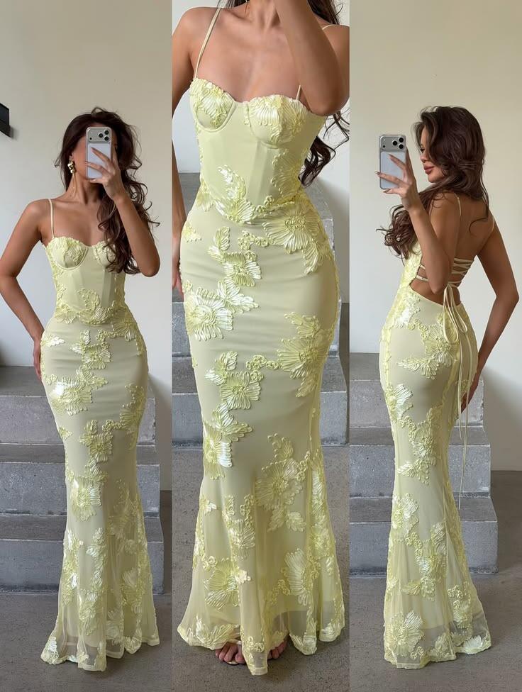 Gorgeous Spaghetti Straps Yellow Satin Floral Mermaid Long Party Dress Evening Dress SP3776