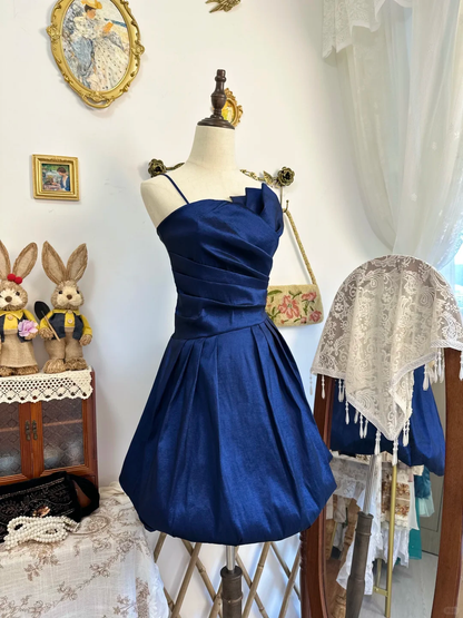 Elegant Spaghetti Straps Satin Pleated Blue Short Homecoming Dress Birthday Outfits Y9476