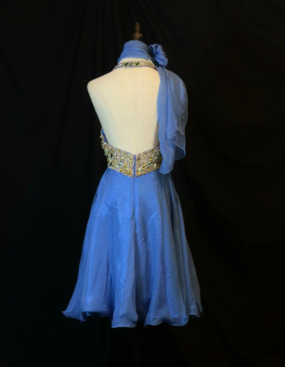 Vintage Blue Chiffon beaded Cocktail Dress Halter Short Backless Homecoming Dress Y8944