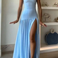 Elegant Strapless Blue Pleated Slit Evening Dress Formal Prom Dress  Y7772