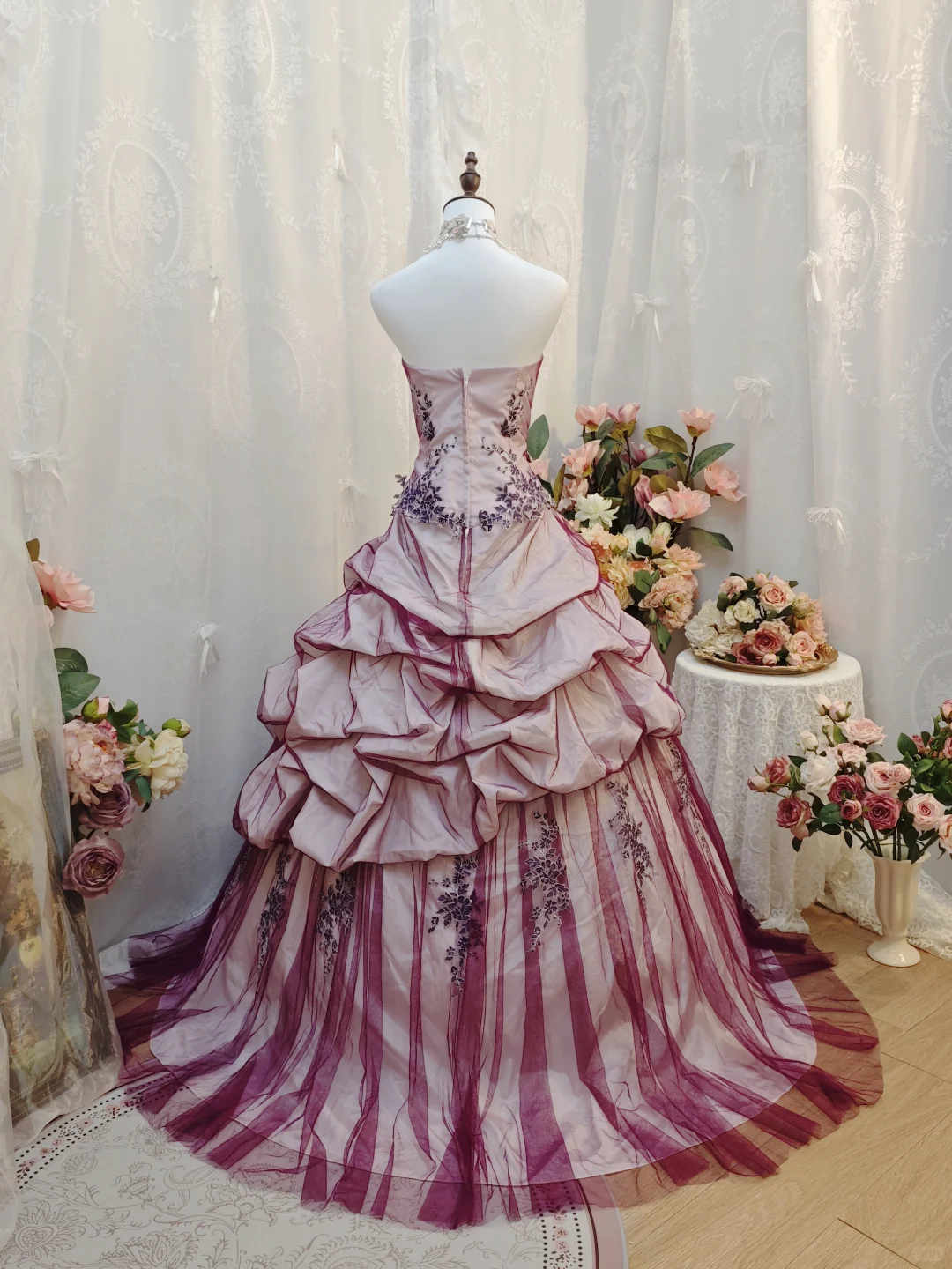 Chic Strapless Ball Gown Purple Tulle Appliques Pleated Quinceanera Dress Sweet 15 Dress SP2259