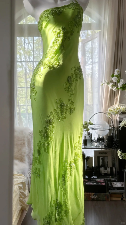 Fashion Green One Shoulder Chiffon Beaded Long Evening Dress Birthday Party Dress Y9793