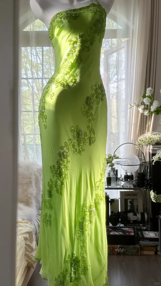 Fashion Green One Shoulder Chiffon Beaded Long Evening Dress Birthday Party Dress Y9793