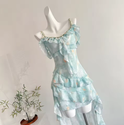 Vintage Chiffon Blue Mini Ruffle Party Dress Prom Gown Y8758