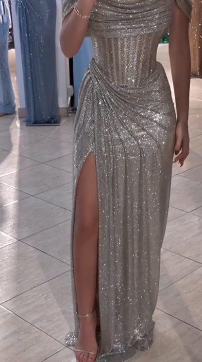 Glitter Silver Sequin Off The Shoulder High Slit Mermaid Long Party Dress Birthday Dress SP2593