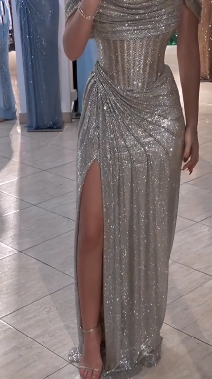 Glitter Silver Sequin Off The Shoulder High Slit Mermaid Long Party Dress Birthday Dress SP2593