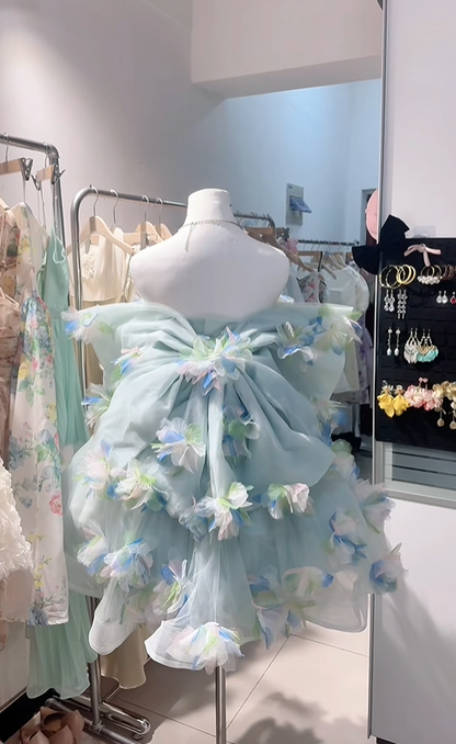 Pretty Mint Green Floral A Line Short 17th Birthday Outfits,Strapless Graduation Homecoming Dress With Bow SP2630