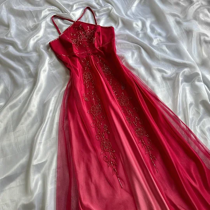 Beautiful Red Satin Tulle Beaded A Line Long Birthday Party Dress Evening Gown Y9746